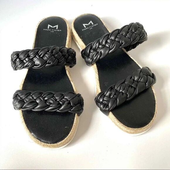 Marc Fisher Jaime Espadrille Black Leather Sandals size 7 (b9) - Picture 1 of 5